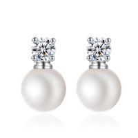 Copper Alloy Stud Earring, with Plastic Pearl, plated, fashion jewelry & micro pave cubic zirconia, silver color 