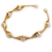 Cultured Freshwater Pearl Brass Bracelet, with Brass, gold color plated, for woman, white, 7mm, Inner Approx 58mm 