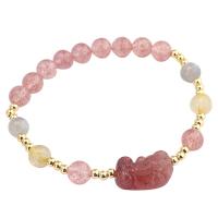 Quartz Bracelets, Brass, with Moonstone & Strawberry Quartz, gold color plated, for woman, pink .69 Inch 