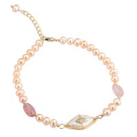 Cultured Freshwater Pearl Brass Bracelet, with Shell & Strawberry Quartz & Brass, gold color plated, micro pave cubic zirconia & for woman, pink, 20mm .88 Inch 