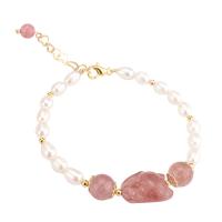Cultured Freshwater Pearl Brass Bracelet, with brass chain & Strawberry Quartz, gold color plated, micro pave cubic zirconia & for woman, pink, 17mm .29 Inch 