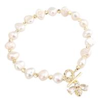 Cultured Freshwater Pearl Brass Bracelet, with brass chain, gold color plated, micro pave cubic zirconia & for woman, white .88 Inch 