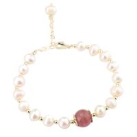 Cultured Freshwater Pearl Brass Bracelet, with Strawberry Quartz & Brass, gold color plated, for woman, white, 10mm .69 Inch 