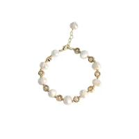 Cultured Freshwater Pearl Brass Bracelet, with Brass, gold color plated, for woman, white, 8mm .88 Inch 
