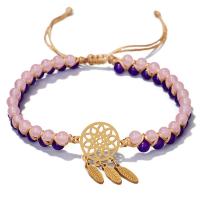 Gemstone Woven Ball Bracelets, Amethyst, with Wax Cord & Stainless Steel, fashion jewelry, multi-colored 