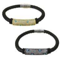 Cubic Zirconia Micro Pave Brass Bracelet, with PU Leather, plated, micro pave cubic zirconia & enamel 6mm 