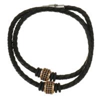 PU Leather Cord Bracelets, Brass, with PU Leather, gold color plated, Double Layer & Unisex & micro pave cubic zirconia, black 4mm 