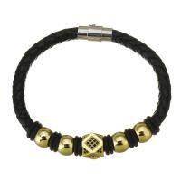 PU Leather Cord Bracelets, Brass, with PU Leather, gold color plated, Unisex & micro pave cubic zirconia, black 10mm,6mm Approx 8 Inch 