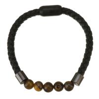 Tiger Eye Stone Bracelets, Brass, with PU Leather & Tiger Eye, plated, Unisex, black, 8mm,6mm Approx 8.5 Inch 