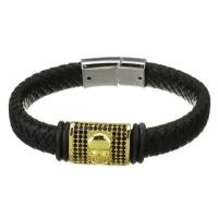 PU Leather Cord Bracelets, Brass, with PU Leather, plated, Unisex & micro pave cubic zirconia, black 12mm Approx 8.5 Inch 