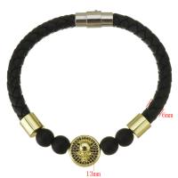 PU Leather Cord Bracelets, Brass, with PU Leather, gun black plated, Unisex & micro pave cubic zirconia, black, 13mm,6mm Approx 8 Inch 