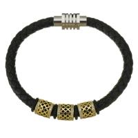 PU Leather Cord Bracelets, Brass, with PU Leather, gold color plated, Unisex & micro pave cubic zirconia, black 6mm Approx 8 Inch 