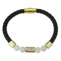 PU Leather Cord Bracelets, Brass, with PU Leather & Gemstone, gold color plated, Unisex & micro pave cubic zirconia, black 6mm Approx 8 Inch 