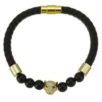 PU Leather Cord Bracelets, Brass, with PU Leather & Gemstone, gold color plated, Unisex & micro pave cubic zirconia, black 6mm Approx 8 Inch 