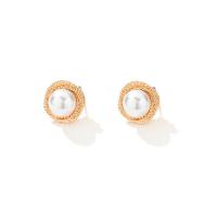 Zinc Alloy Stud Earring, with Plastic Pearl, gold color plated, for woman, white, 15mm 