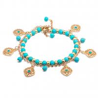 Zinc Alloy Turquoise Bracelets, with Natural Turquoise, gold color plated, for woman & with rhinestone, dark green .26 Inch 