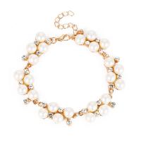 Zinc Alloy Pearl Bracelets, with Plastic Pearl, gold color plated, for woman & with rhinestone, white .84 Inch 