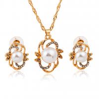Rhinestone Zinc Alloy Jewelry Set, Stud Earring & necklace, with Plastic Pearl, gold color plated, 2 pieces & for woman & with rhinestone, white .47 Inch 