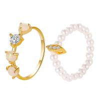 Brass Ring Set, with Plastic Pearl, gold color plated, 2 pieces & for woman & with rhinestone, white, 20mm 