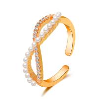 Brass Cuff Finger Ring, with Plastic Pearl, plated, micro pave cubic zirconia & for woman 20mm 