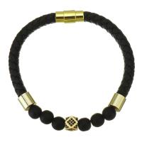 PU Leather Cord Bracelets, Brass, with PU Leather & Gemstone, gold color plated, micro pave cubic zirconia, black 6mm Approx 8 Inch 