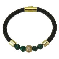 PU Leather Cord Bracelets, Brass, with PU Leather & Gemstone, gold color plated, black, 10mm,6mm Approx 8 Inch 
