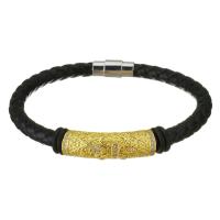 PU Leather Cord Bracelets, Brass, with PU Leather, gold color plated, micro pave cubic zirconia, black 6mm Approx 8 Inch 