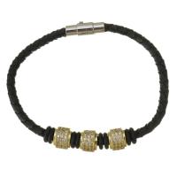PU Leather Cord Bracelets, Brass, with PU Leather, gold color plated, micro pave cubic zirconia, black 4mm Approx 7.5 Inch 