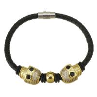 PU Leather Cord Bracelets, Brass, with PU Leather, gold color plated, micro pave cubic zirconia, black 5mm Approx 8 Inch 