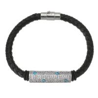 PU Leather Cord Bracelets, Brass, with PU Leather, plated, micro pave cubic zirconia, black 6mm Approx 8 Inch 