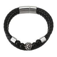 PU Leather Cord Bracelets, Zinc Alloy, with PU Leather & Gemstone, plated, black 6mm Approx 8.5 Inch 