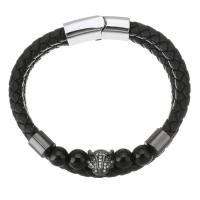 PU Leather Cord Bracelets, Brass, with PU Leather & Gemstone, plated, micro pave cubic zirconia, black 6mm Approx 8.5 Inch 