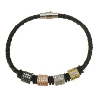 PU Leather Cord Bracelets, Brass, with PU Leather, gold color plated, micro pave cubic zirconia, black 4mm Approx 8 Inch 