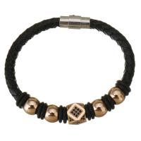 PU Leather Cord Bracelets, Brass, with PU Leather, gold color plated, micro pave cubic zirconia, black 6mm Approx 7.5 Inch 
