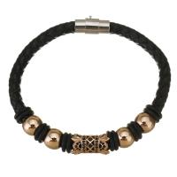 PU Leather Cord Bracelets, Brass, with PU Leather, gold color plated, micro pave cubic zirconia, black 6mm Approx 8 Inch 
