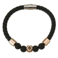 PU Leather Cord Bracelets, Brass, with PU Leather & Lava, gold color plated, micro pave cubic zirconia, black 6mm Approx 8 Inch 