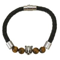 PU Leather Cord Bracelets, Brass, with PU Leather & Gemstone, gold color plated, black 6mm Approx 7.5 Inch 