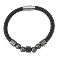 PU Leather Cord Bracelets, Brass, with PU Leather, plated, micro pave cubic zirconia, black 6mm Approx 8 Inch 