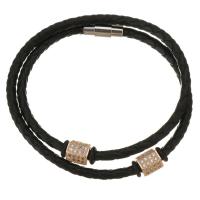 PU Leather Cord Bracelets, Brass, with PU Leather, plated, micro pave cubic zirconia, black 4mm Approx 7 Inch 