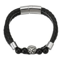 PU Leather Cord Bracelets, Zinc Alloy, with PU Leather & Gemstone & Stainless Steel, plated, black 6mm Approx 8 Inch 