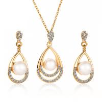 Rhinestone Zinc Alloy Jewelry Set, earring & necklace, with Plastic Pearl, plated, 2 pieces & fashion jewelry & with rhinestone 
