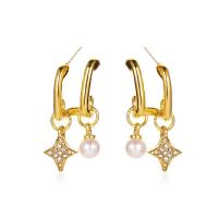 Zinc Alloy Rhinestone Drop Earring, with Plastic Pearl, gold color plated, for woman & with rhinestone, white, 23mm 