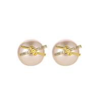 Zinc Alloy Split Earring, with Plastic Pearl, gold color plated, for woman & with rhinestone, white, 13mm 