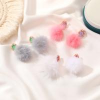 Fluffy Pom Pom Earrings, Zinc Alloy, with Plush & Plastic Pearl, gold color plated, for woman, white 