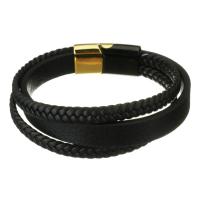 PU Leather Cord Bracelets, Brass, with PU Leather, plated, multi-strand, black, 10mm,6mm Approx 7.5 Inch 