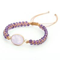 Gemstone Woven Ball Bracelets, Rose Quartz, with Wax Cord, fashion jewelry, purple 
