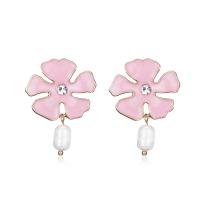 Plastic Pearl Zinc Alloy Earring, with Plastic Pearl, gold color plated, for woman & enamel, pink 