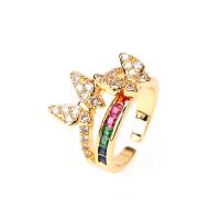 Brass Cuff Finger Ring, gold color plated, micro pave cubic zirconia & for woman, multi-colored, 15mm 
