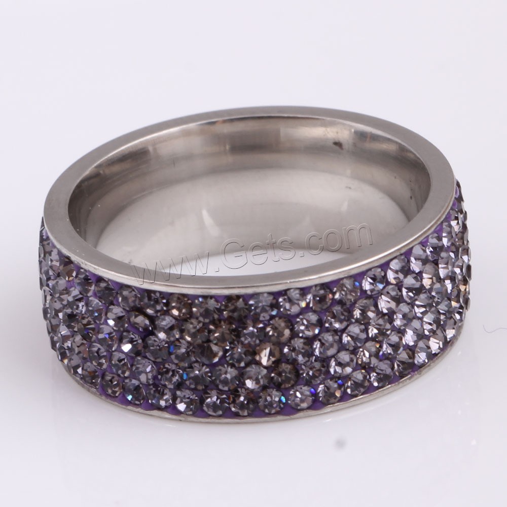 Rhinestone Stainless Steel Finger Ring, with Rhinestone Clay Pave, plated, different size for choice & for woman, more colors for choice, 8mm, US Ring Size:5.5-12, Sold By PC