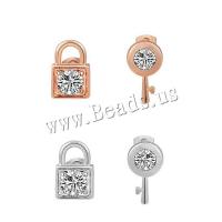Asymmetric Earrings, Zinc Alloy, stainless steel post pin, Lock and Key, plated, with cubic zirconia nickel, lead & cadmium free 